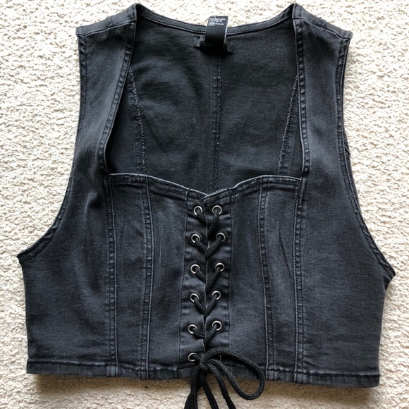 Forever 21 Black Stretch Denim Lace Up Crop Top L - Picture 5 of 8